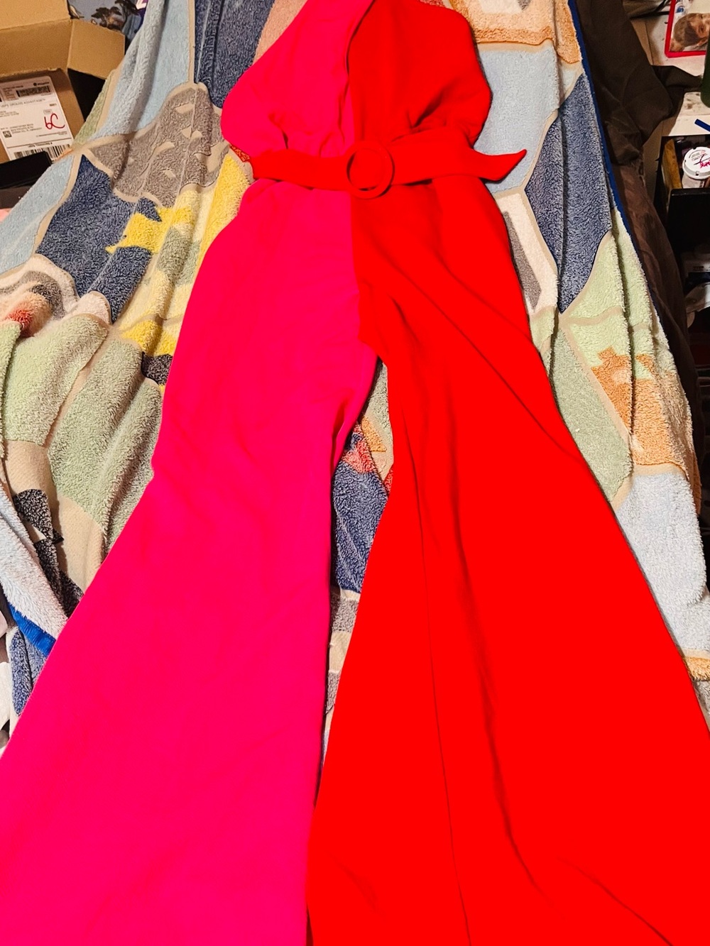 Colorblock Wide-Leg Jumpsuit — Red & Hot Pink with Waist Belt